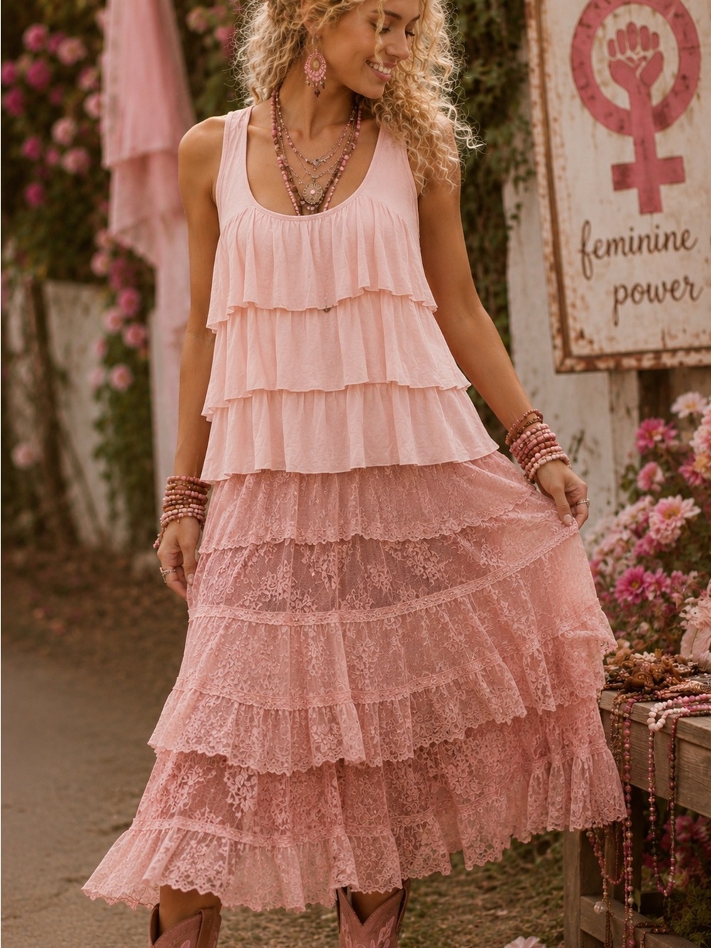 L Dots Pink Lace Overlay Top